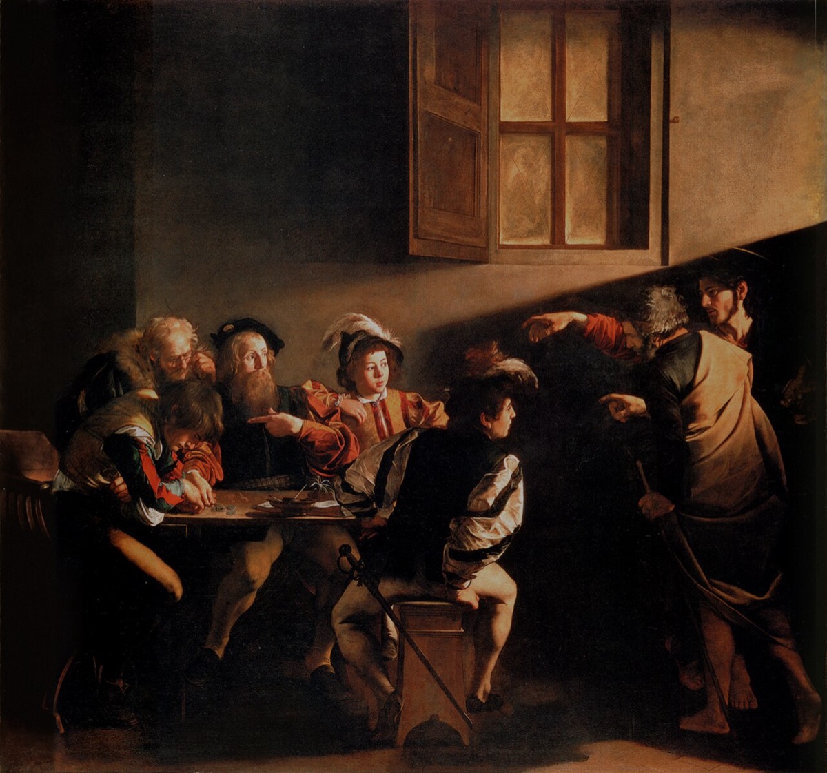 미켈란젤로 메리시 다 카라바조, 성 마태의 소명(Vocazione di san Matteo), 1599~1600, 유화, 로마 산 루이지 데이 프란체시 성당 소장