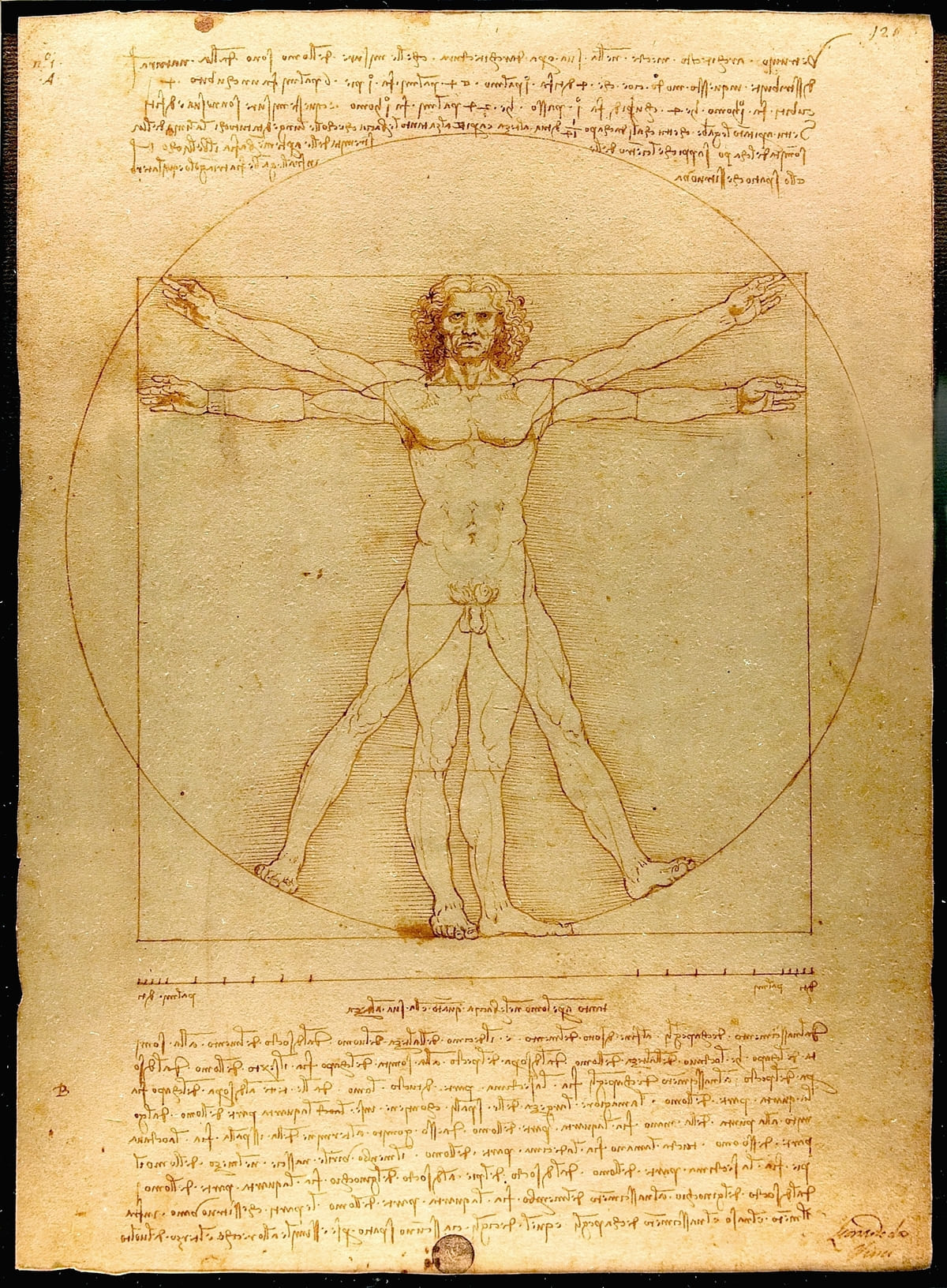 레오나르도 다 빈치, 비트루비안 맨(Vitruvian Man · Uomo Vitruviano), 1490년경, 종이에 펜·잉크, 베네치아 아카데미아 미술관 소장