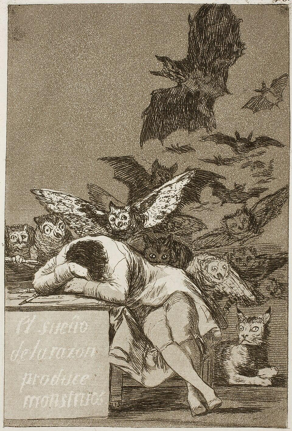 프란시스코 고야, 이성의 잠은 괴물을 낳는다(El sueño de la razón produce monstruos), 1799년, 에칭과 애쿼틴트, 프라도 미술관 소장